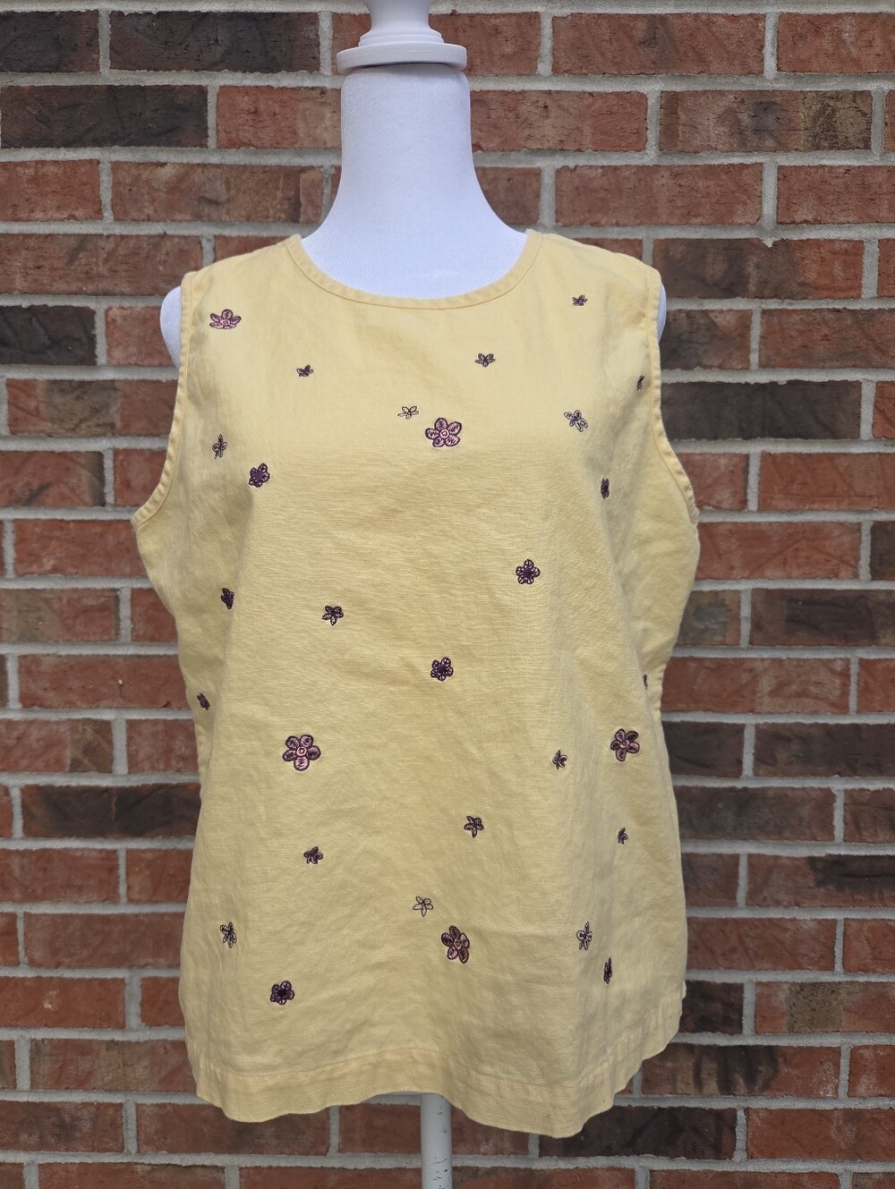 Butter Yellow Linen Blend Floral Embroidered Tank Top Cottagecore Summer L